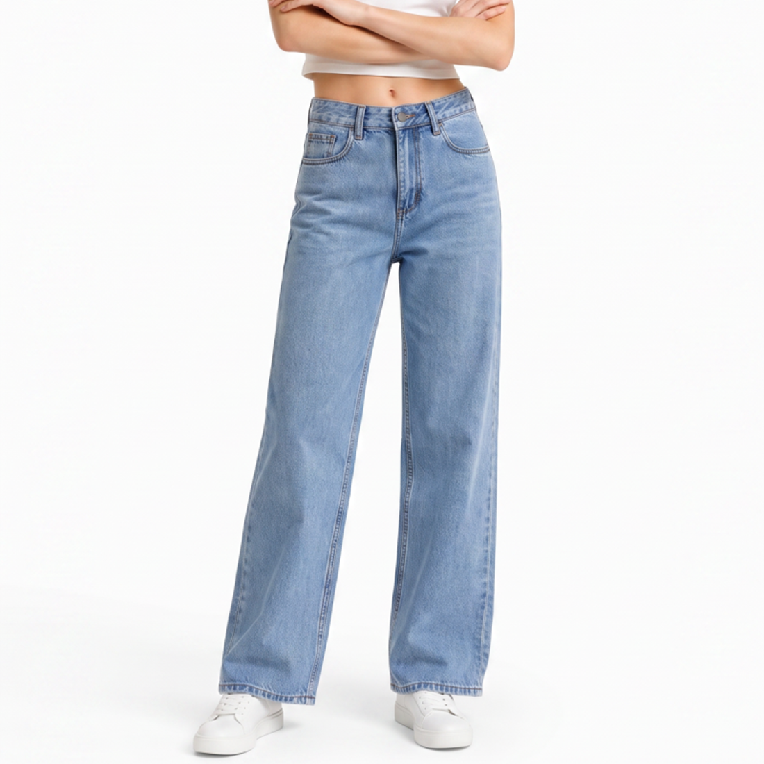 Women's High Waist Washed Straight Leg Jeans