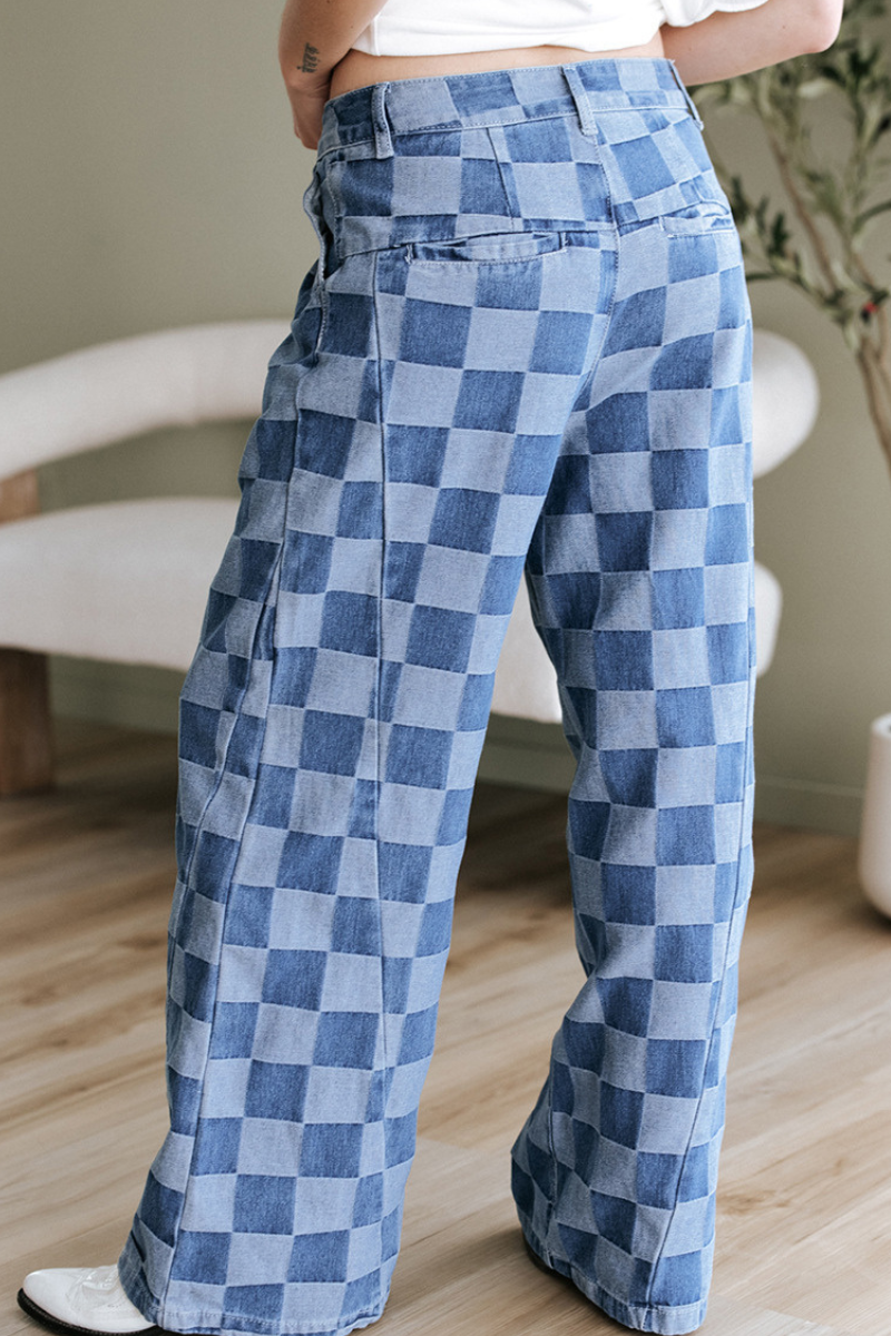 Women Fall Clothing Vintage Checkerboard Wide Leg Jeans
