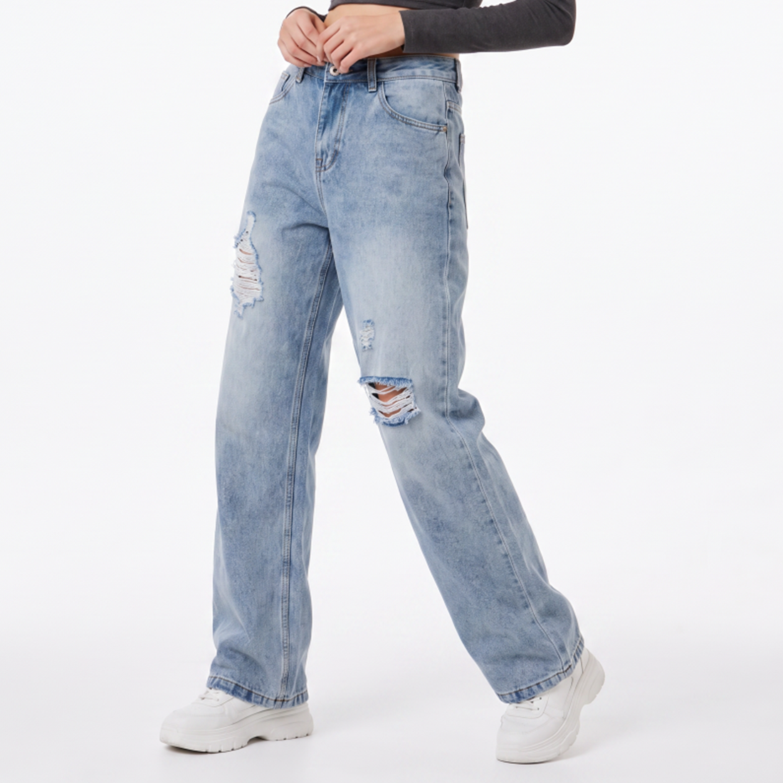 Women's High Waist Ripped Straight Leg Jeans