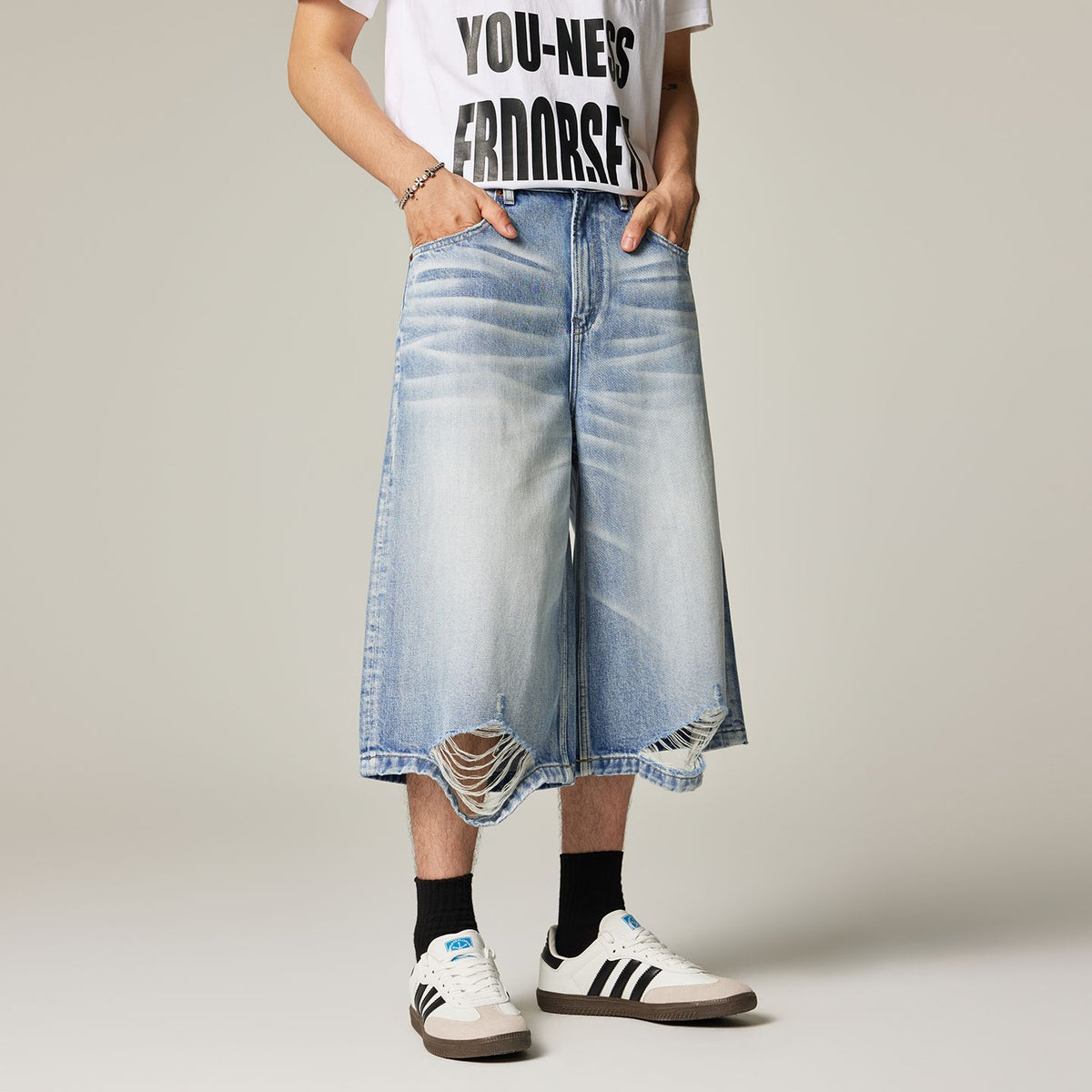 Men's Summer Cat Whisker Ripped Wide-Leg Denim Shorts