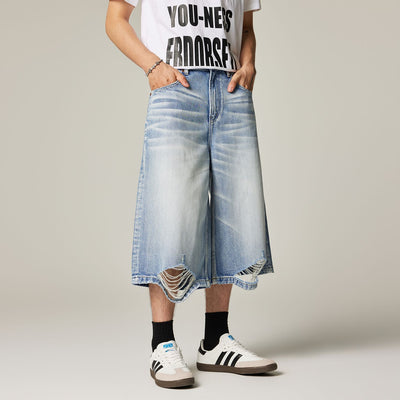 Men's Summer Cat Whisker Ripped Wide-Leg Denim Shorts