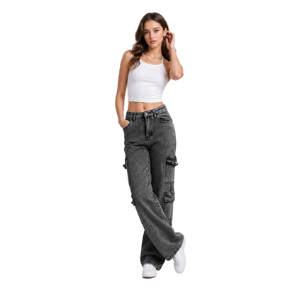 Women's High Waist Cargo Straight Jeans