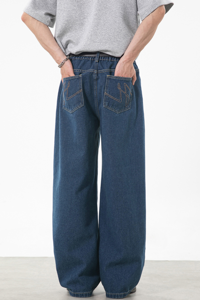 Men's Spring Retro Back Pocket Contrast Stitch Loose Jeans