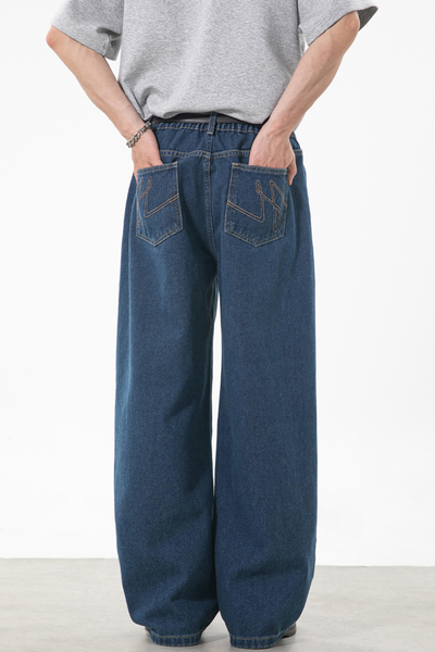 Men's Spring Retro Back Pocket Contrast Stitch Loose Jeans