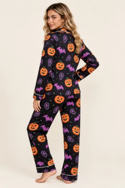 Women Fall Clothing Halloween Pumpkin Bat Pajama Set