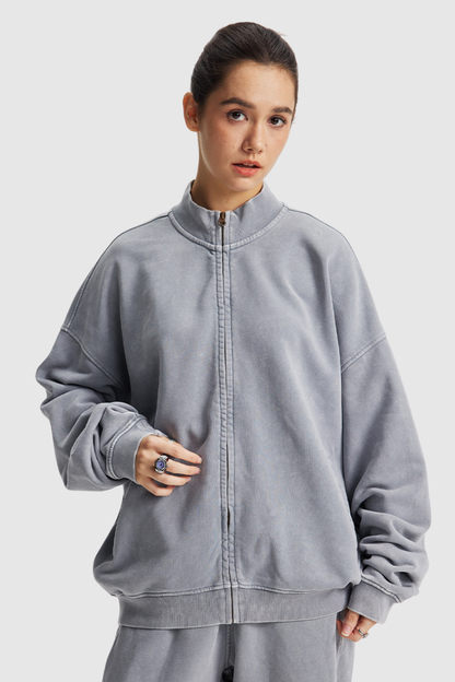 Women's Cotton Streetwear Wax-Dyed Washed Stand Collar Distressed Jacket
