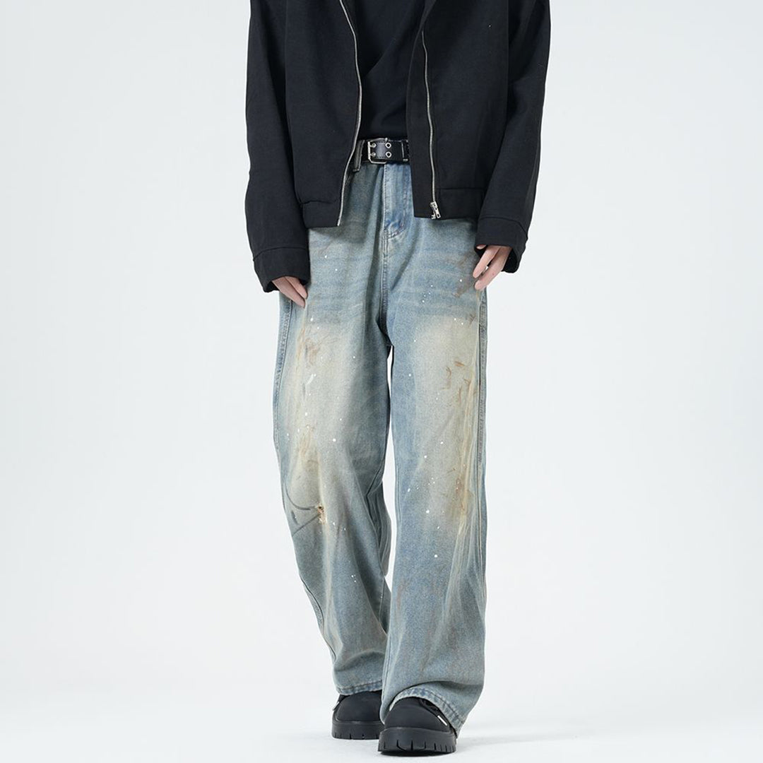 Men's Spring Washed Splatter Paint Straight Leg Jeans