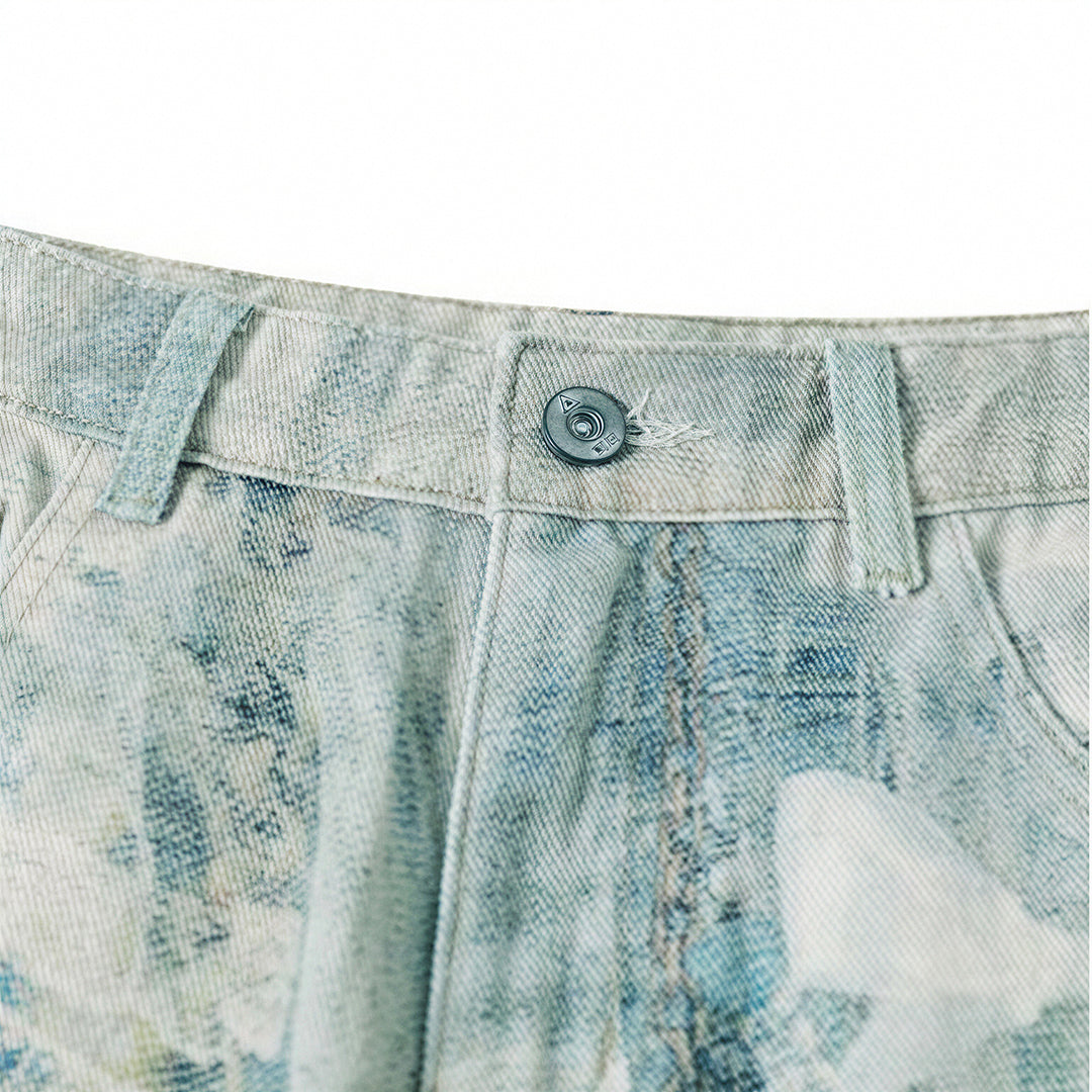 Men's Summer Vintage Oil Painting Print Baggy Denim Shorts