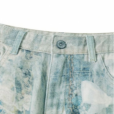 Men's Summer Vintage Oil Painting Print Baggy Denim Shorts