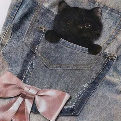 Men's Spring Vintage Blue Cat Print Bow Wide-Leg Denim Jeans
