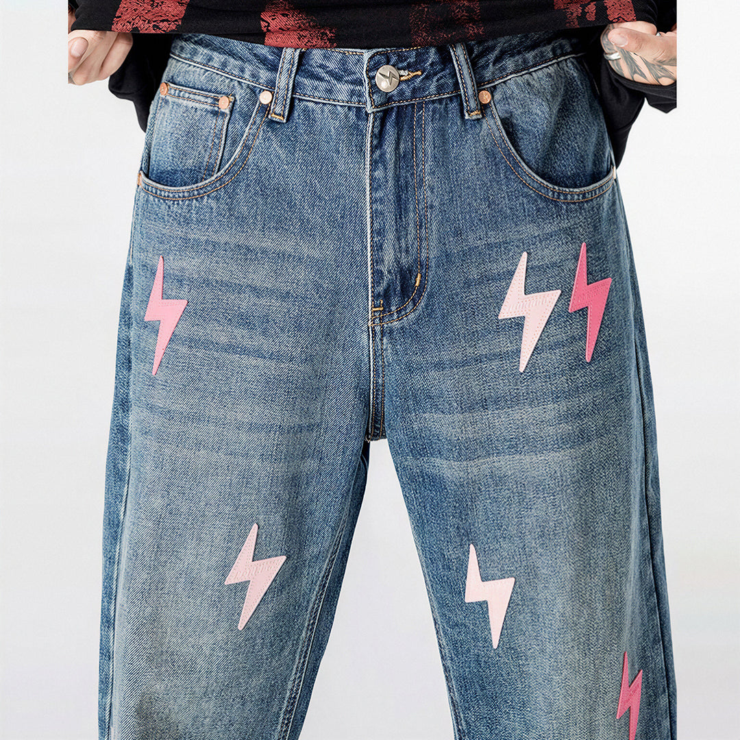 Men's Spring Washed Blue Pink Lightning Wide Leg Jeans