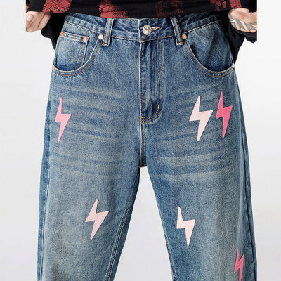 Men's Spring Washed Blue Pink Lightning Wide Leg Jeans