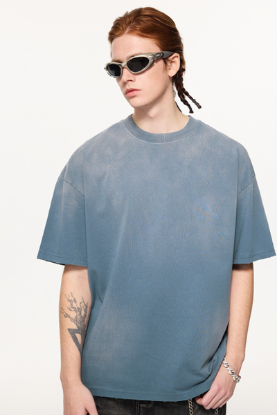 Men's 270g Cotton Spray Fade Mock Neck Washed Distressed Tee