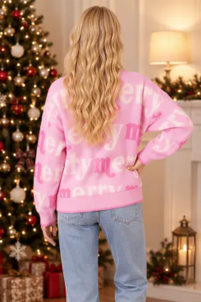 Women's Christmas Letter Print Loose Crew Neck Knit Sweater