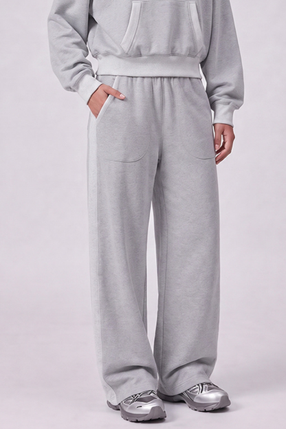 Women Fall 100% Cotton Wide Leg Raw Hem Pocket Sweatpants