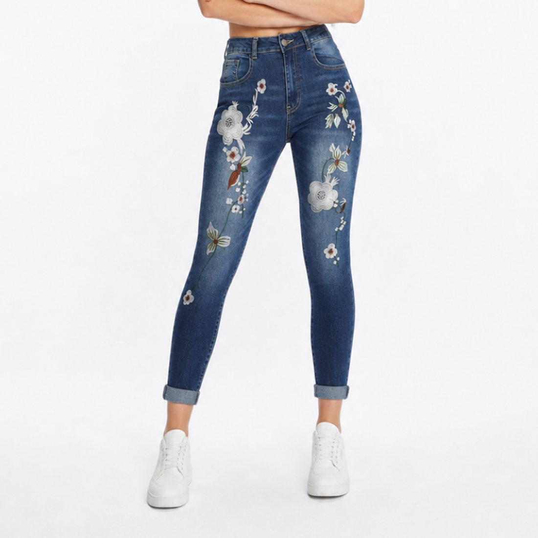Women's Vintage High Waist Floral Embroidered Skinny Jeans