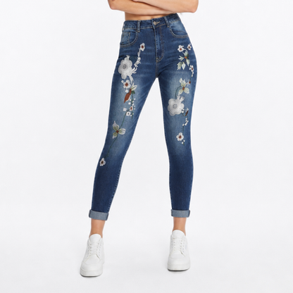 Women's Vintage High Waist Floral Embroidered Skinny Jeans