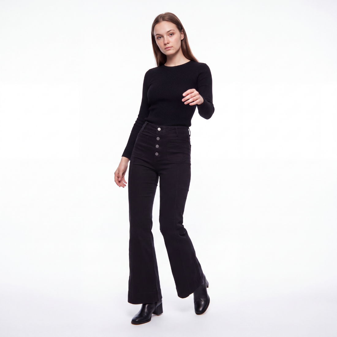 Women's Black High Waist Button Fly Stretch Flare Jeans