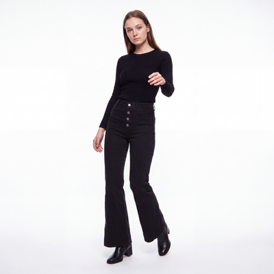 Women's Black High Waist Button Fly Stretch Flare Jeans