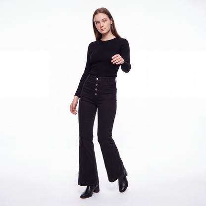 Women's Black High Waist Button Fly Stretch Flare Jeans