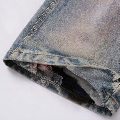 Men's Spring Vintage Blue Cat Print Bow Wide-Leg Denim Jeans