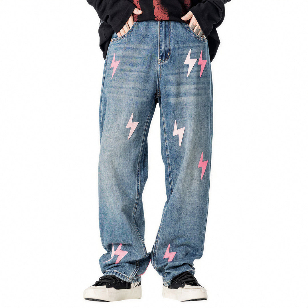 Men's Spring Washed Blue Pink Lightning Wide Leg Jeans
