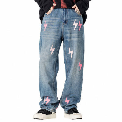 Men's Spring Washed Blue Pink Lightning Wide Leg Jeans