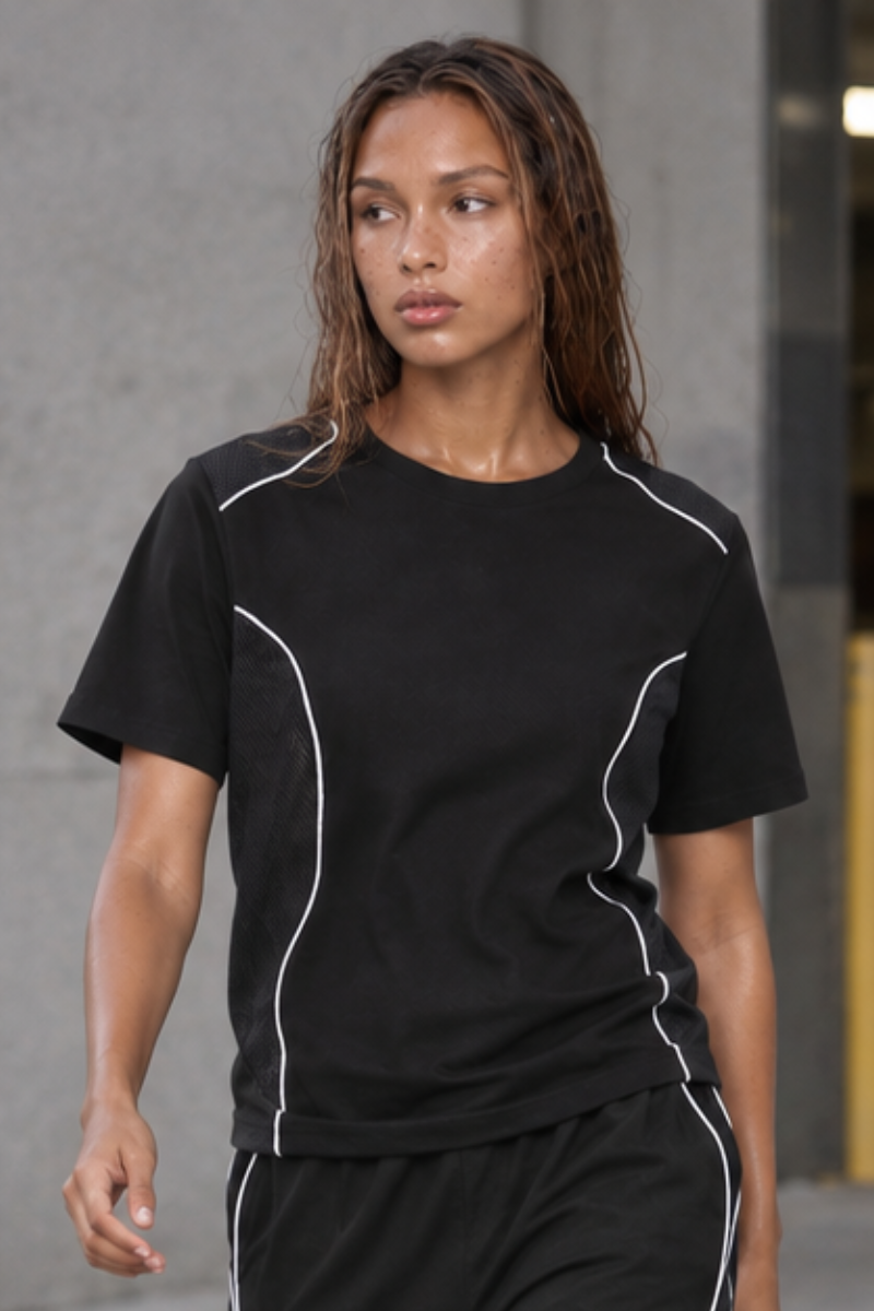Women Summer Breathable Mesh Panel Contrast Stitch T-Shirt