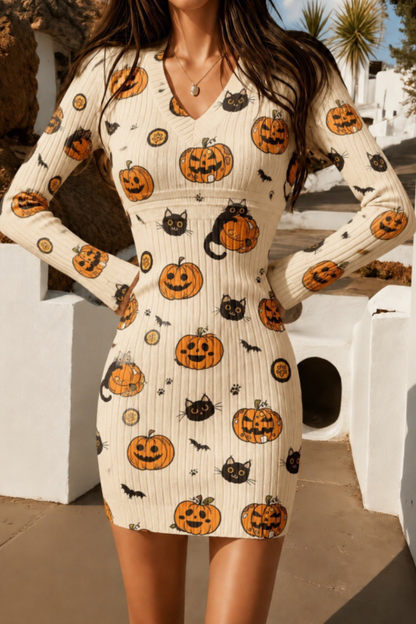 Women Fall Halloween Pumpkin Ribbed Bodycon Mini Dress