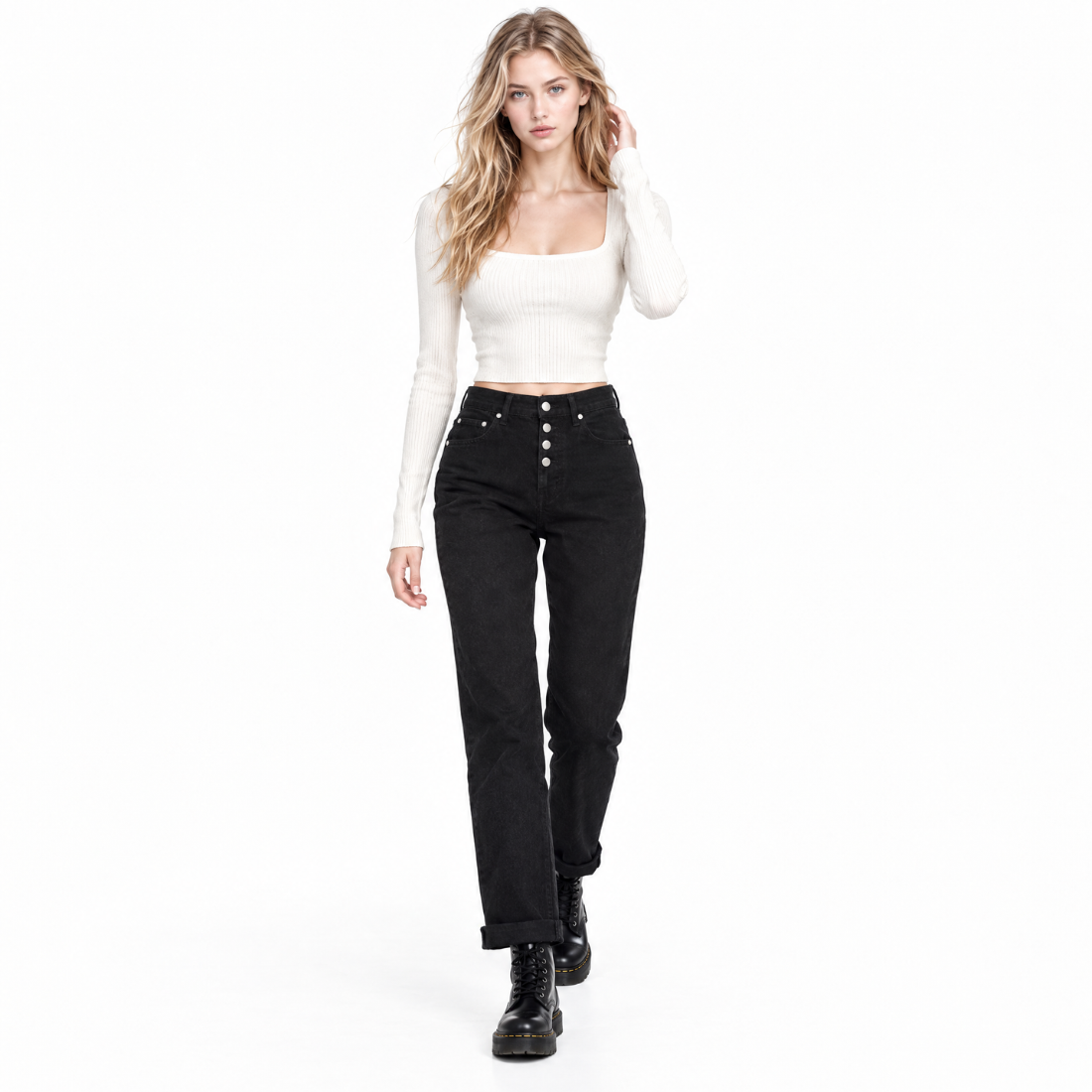 Women's Black Button Fly High Waist Straight Leg Jeans