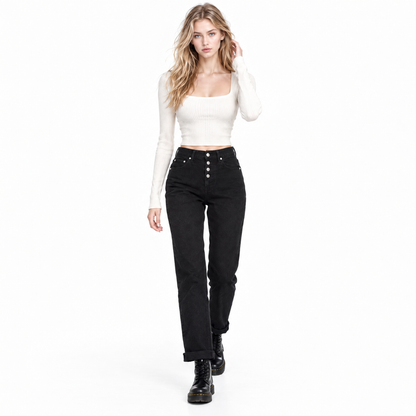 Women's Black Button Fly High Waist Straight Leg Jeans