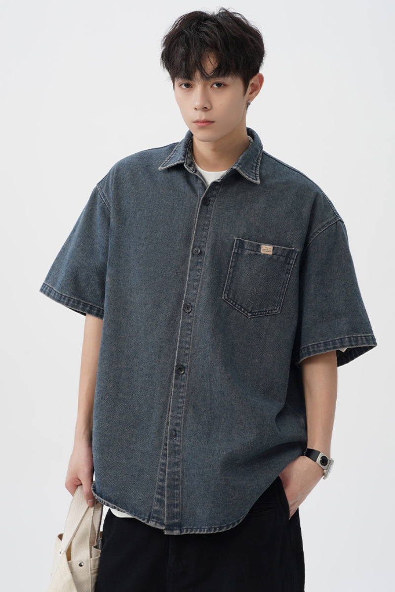 Men's Spring Summer Washed Denim Short Sleeve Japanese Loose