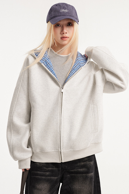 Unisex Fall Plaid Zip Hoodie American Retro Loose