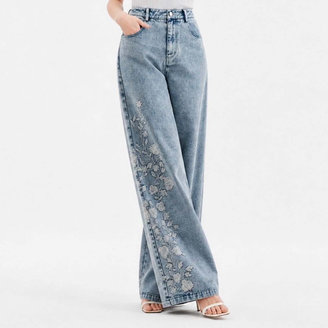Women's High Waist Floral Embroidered Wide Leg Jeans