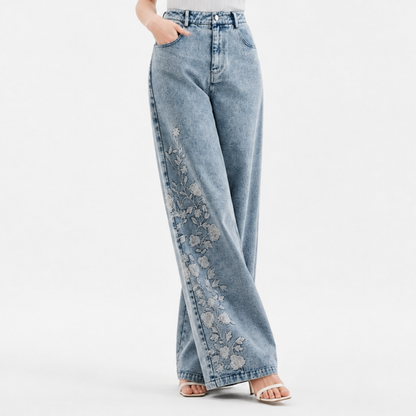 Women's High Waist Floral Embroidered Wide Leg Jeans