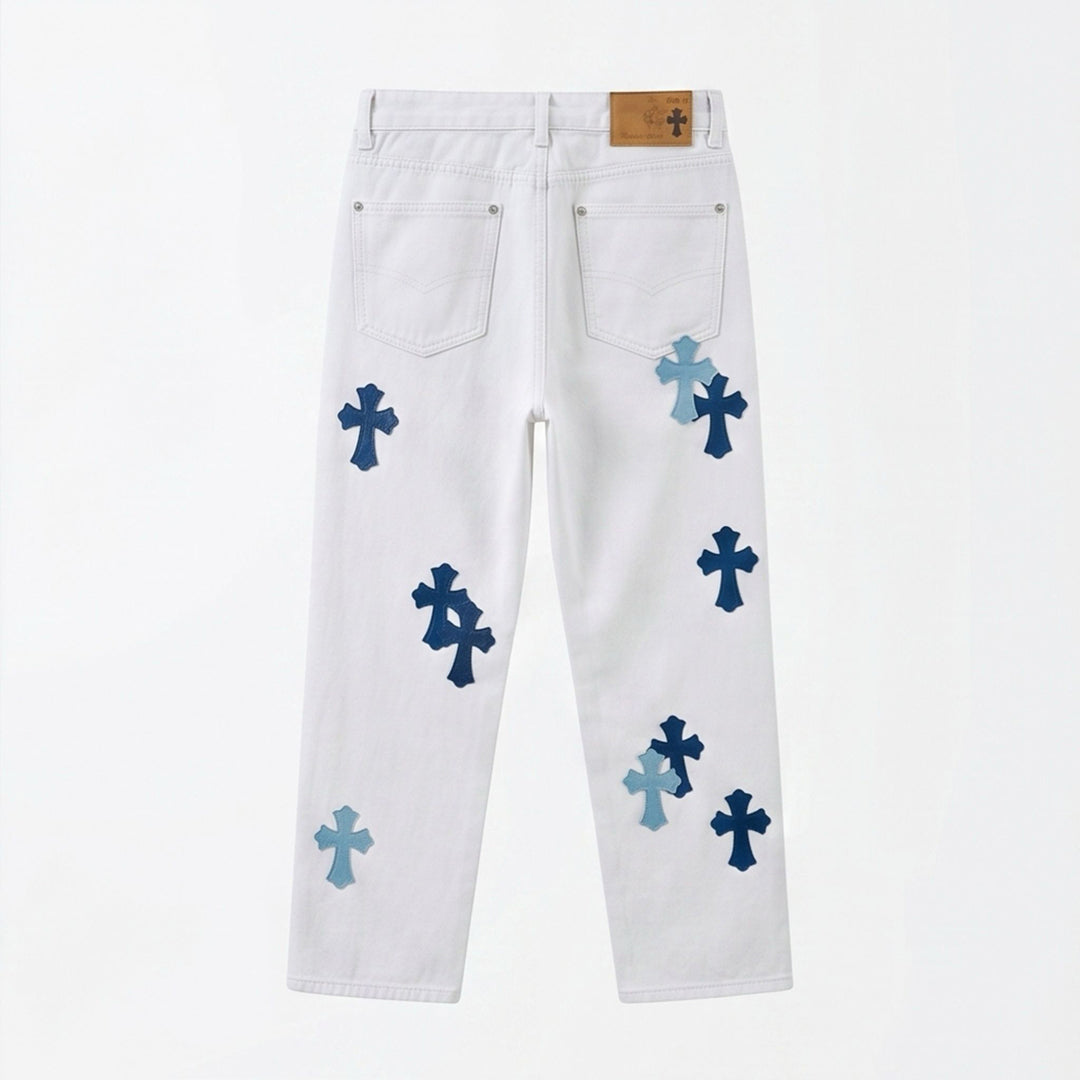 Men's Spring White Cross Patch Wide-Leg Denim Jeans
