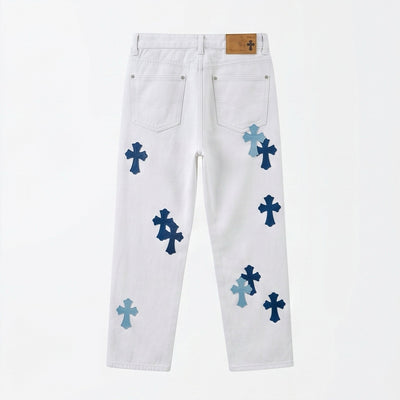 Men's Spring White Cross Patch Wide-Leg Denim Jeans
