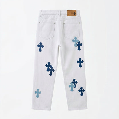 Men's Spring White Cross Patch Wide-Leg Denim Jeans