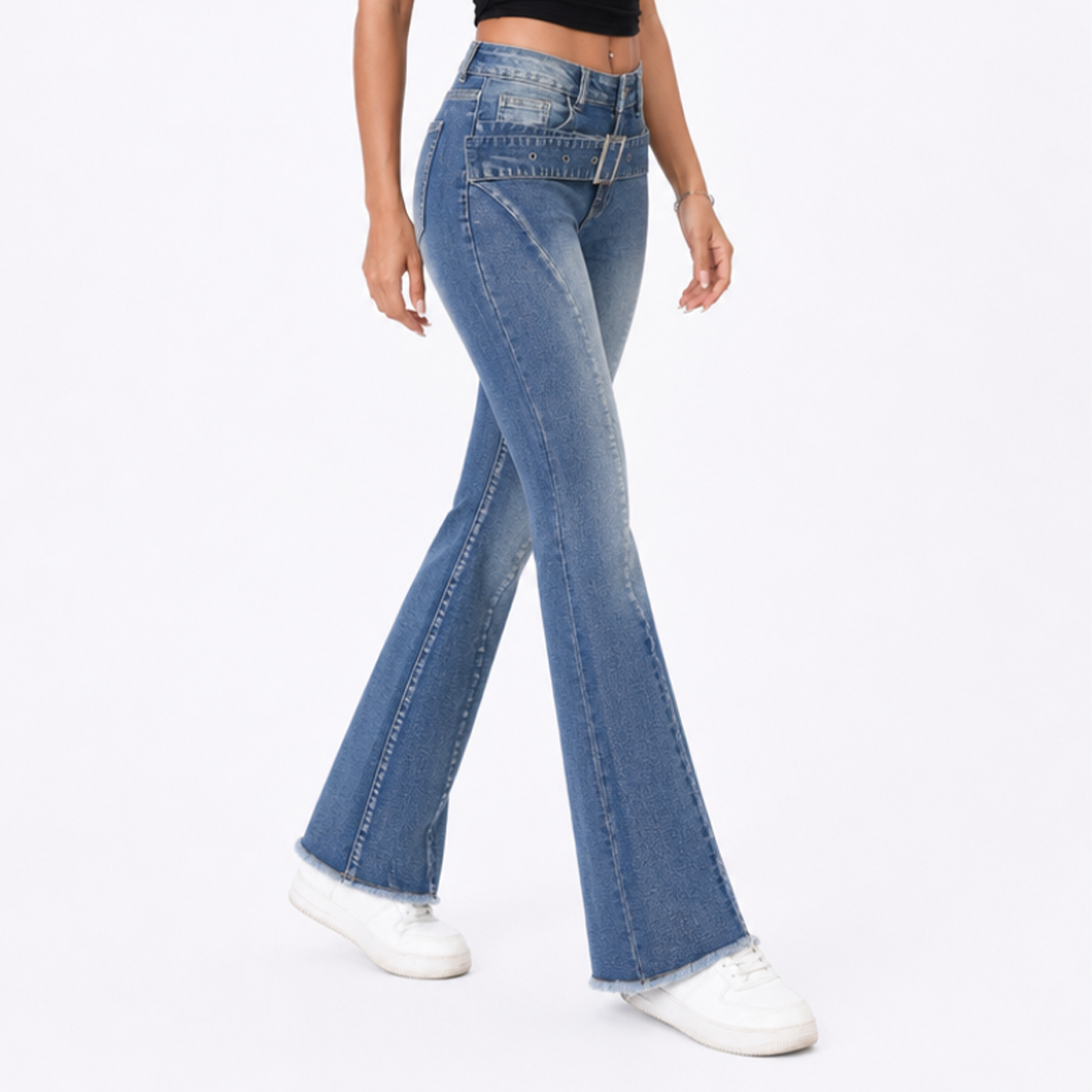 Women's High Waist Stretch Flare Jeans with Attached Belt