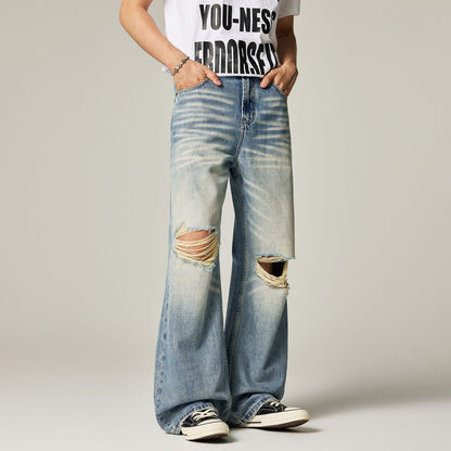 Men's Spring Light Blue Cat Whisker Ripped Denim Jeans