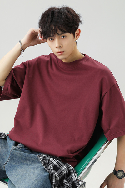 Men's Summer Japanese Loose Cotton Solid Crewneck Basics Tee