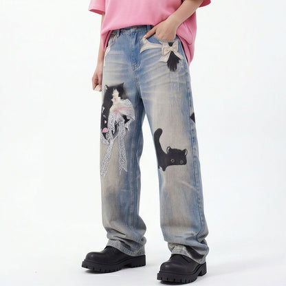 Men's Spring Vintage Blue Cat Print Bow Wide-Leg Denim Jeans