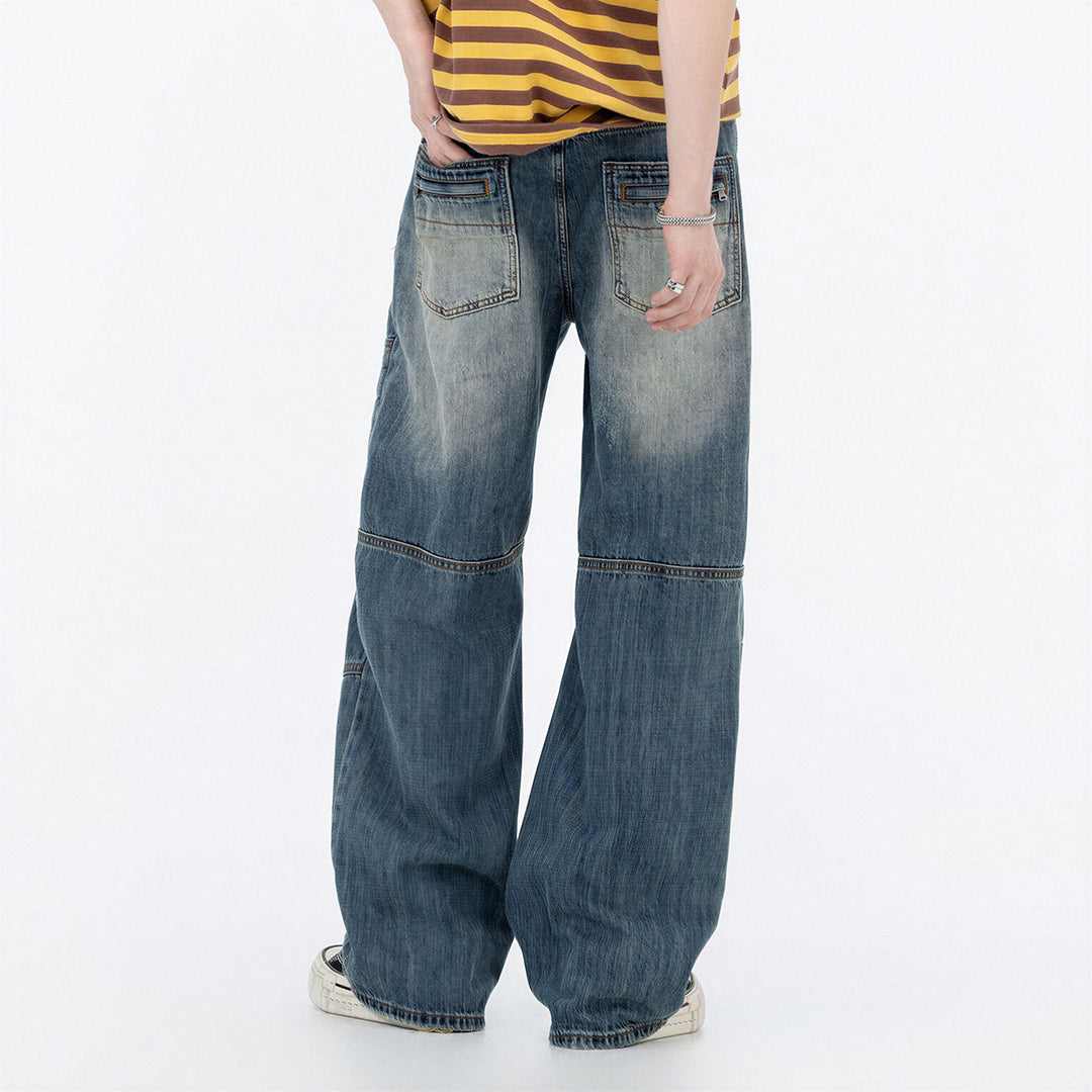 Men's Spring Vintage Blue Patchwork Distressed Denim Jeans