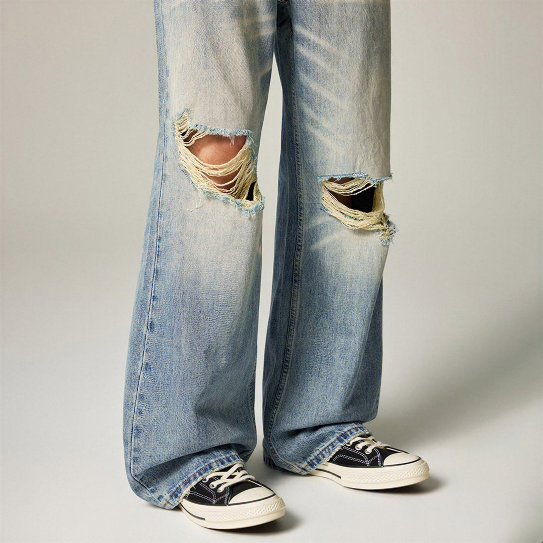 Men's Spring Light Blue Cat Whisker Ripped Denim Jeans