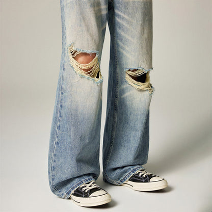 Men's Spring Light Blue Cat Whisker Ripped Denim Jeans