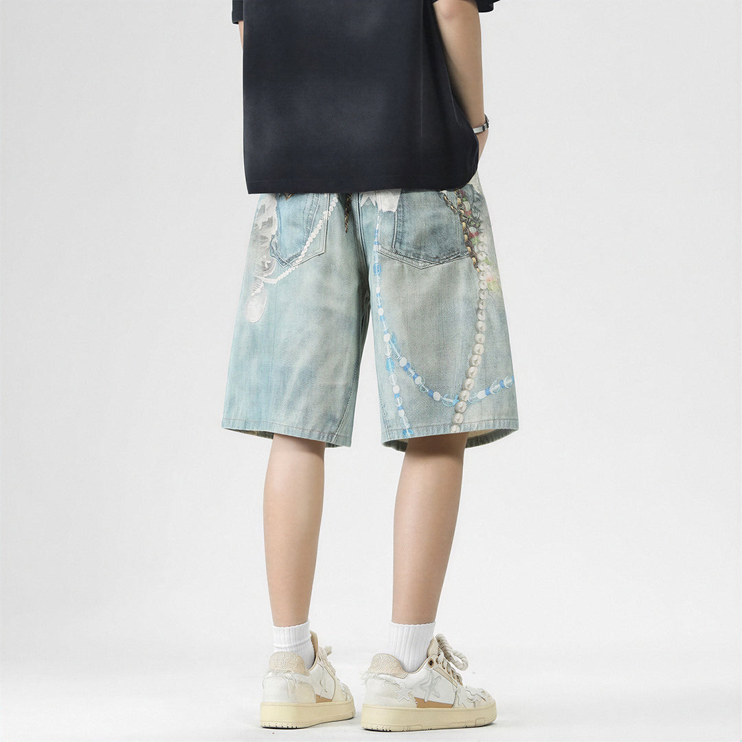 Men's Summer Vintage Oil Painting Print Baggy Denim Shorts