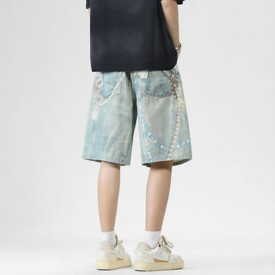 Men's Summer Vintage Oil Painting Print Baggy Denim Shorts