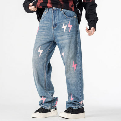 Men's Spring Washed Blue Pink Lightning Wide Leg Jeans