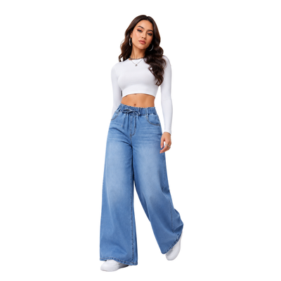 Women's Drawstring Elastic Waist Wide Leg Jeans