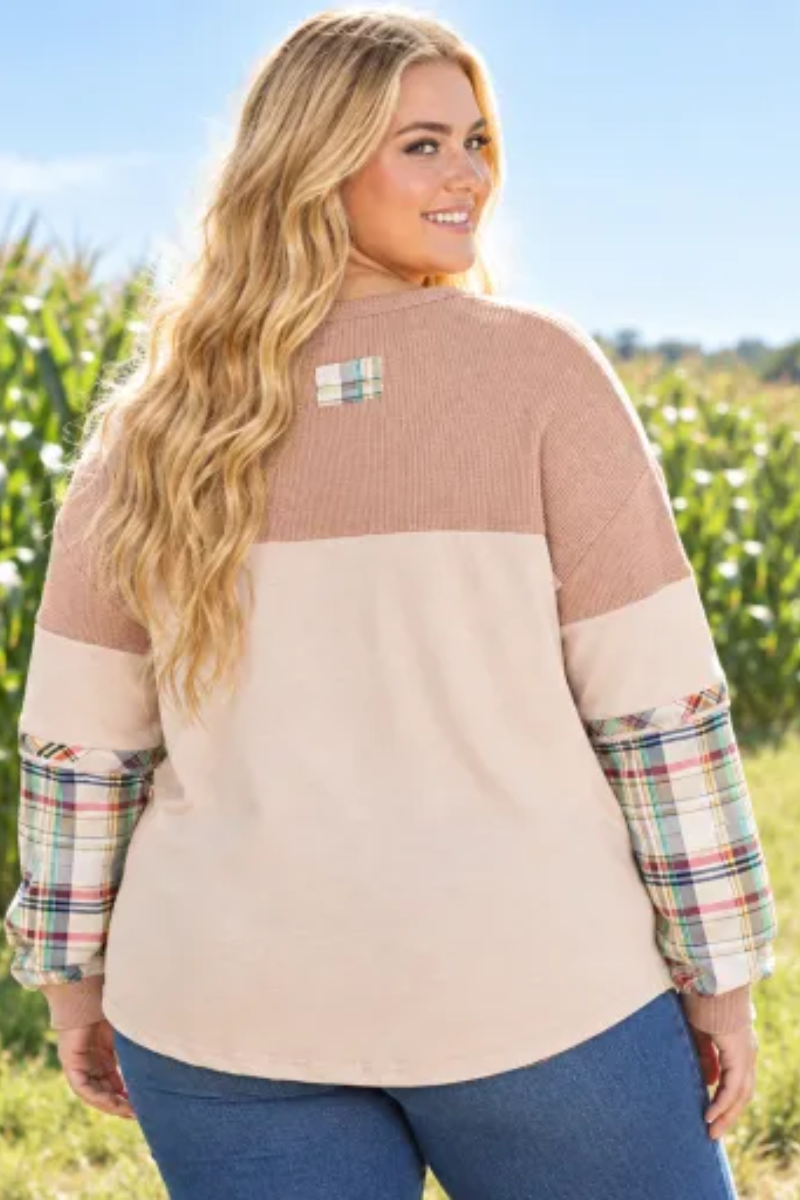 Women Fall Clothing Plus Size Plaid Sleeve Henley Top